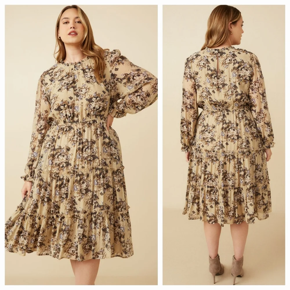 Hayden Floral Midi Dress 1XL XL Taupe Long Sleeve Tiered Fall Boho Country Flowy - Picture 2 of 13